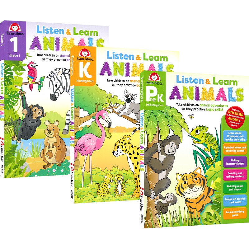 Evan-Moor Listen & Learn Animals PreK-Grade1 听故事学英语 美国加州教辅 学龄前-一年级 音频故事 趣味百科 英文原版进口图书