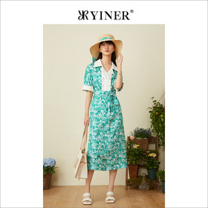 YINER音儿女装夏季收腰西装真丝连衣裙