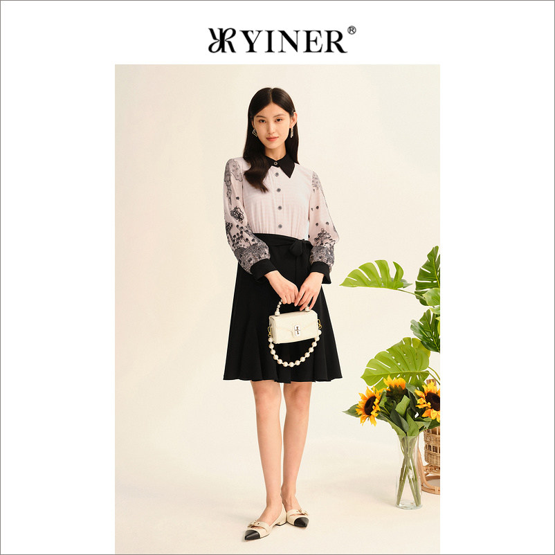 YINER音儿专选秋季女装刺绣印花长袖收腰气质polo衬衫连衣裙,淘宝优惠券,粉丝福利购,淘宝优惠卷