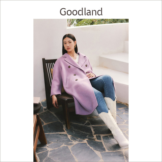 【绵羊毛+桑蚕丝】Goodland美地女装冬芋紫中长款双面呢大衣外套