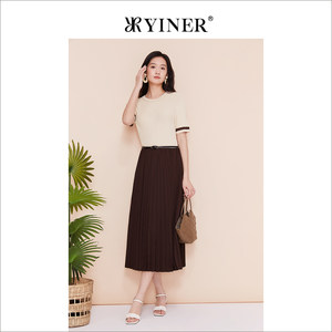 YINER音儿专选女装夏季轻甜钉珠圆领压褶针织连衣裙