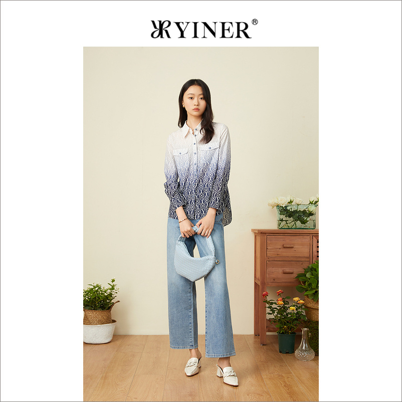 YINER音儿女装春季时尚印花LOGO渐变色蚕丝衬衫上衣