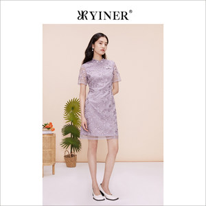 [新中式]YINER音儿专选女装夏季国风网纱旗袍提花连衣裙