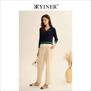 YINER音儿专选女装秋季女士毛衣撞色V领坑条纹针织衫套头上衣