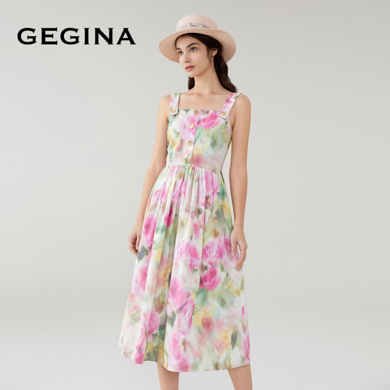 GEGINA吉吉娜女装春夏晕染印花吊带连衣裙收腰高级感气质中长裙,淘宝优惠券,粉丝福利购,淘宝优惠卷