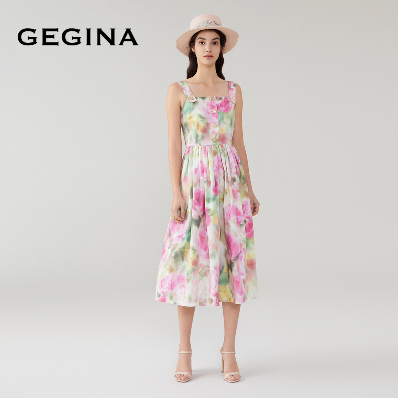 GEGINA吉吉娜女装春夏晕染印花吊带连衣裙收腰高级感气质中长裙,淘宝优惠券,粉丝福利购,淘宝优惠卷