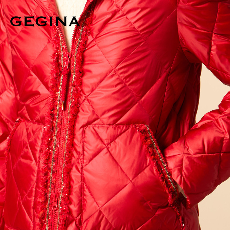 [鹅绒]GEGINA吉吉娜红色短款羽绒服外套女连帽保暖防风商场同款