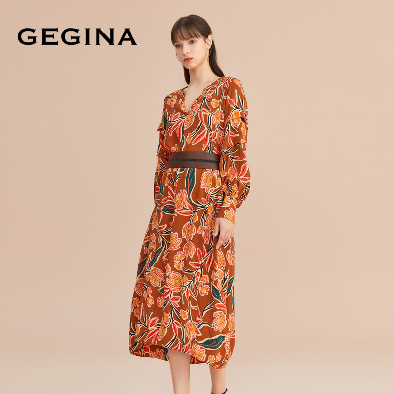 【印花】GEGINA吉吉娜新款植物花卉雪纺垂坠感连衣裙女商场同款,淘宝优惠券,粉丝福利购,淘宝优惠卷