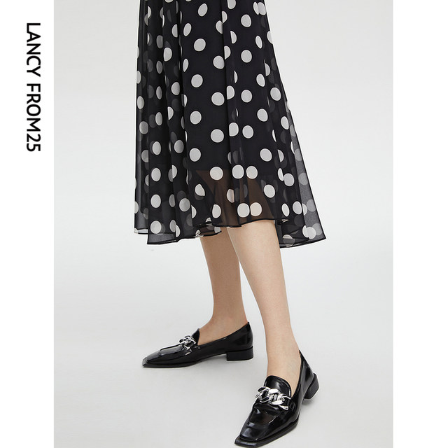 Langzi Ole Langzi French retro temperament high waist polka dot print mid-length black A-line skirt for women