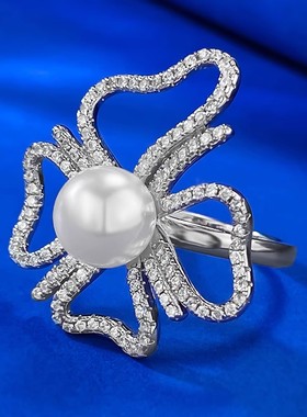 chinpin纯银蝴蝶结珍珠戒指