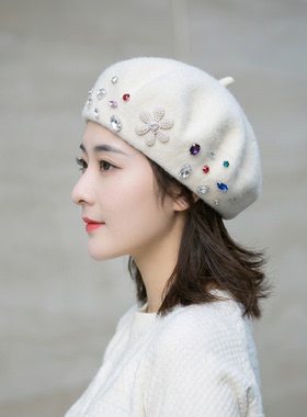 帽子女秋冬羊毛呢贝雷帽英伦复古画家帽韩版轻奢水钻太阳花蓓蕾帽