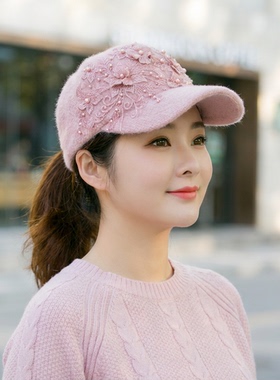 帽子秋冬天保暖钉珠欧根纱蕾丝绣花鸭舌帽仙美毛绒韩版百搭棒球帽