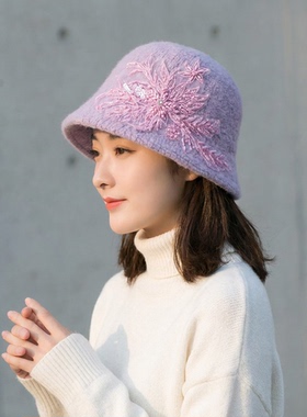 水桶渔夫帽女小帽檐秋冬法式珠绣