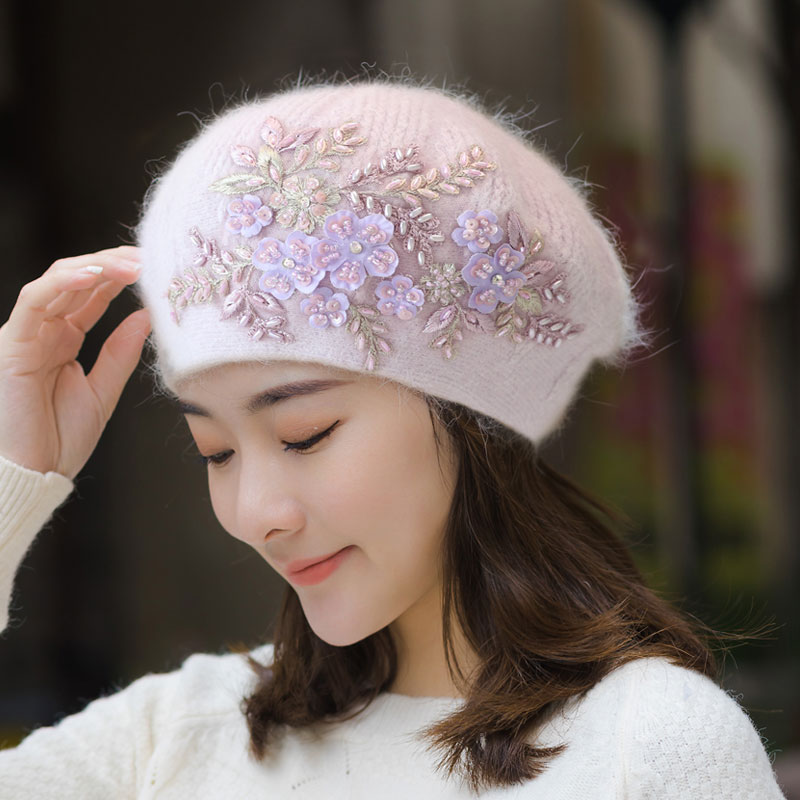 新品手工缝珠花安哥拉兔毛蓓蕾帽子秋冬天毛线针织复古贝雷画家帽