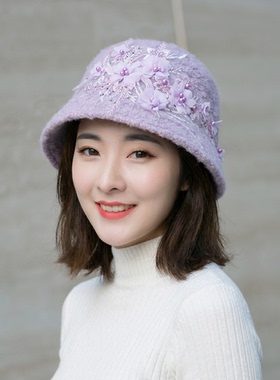 盆帽秋冬季女渔夫帽羊兔毛针织蕾丝钉珠花朵时尚保暖淡紫色水桶帽