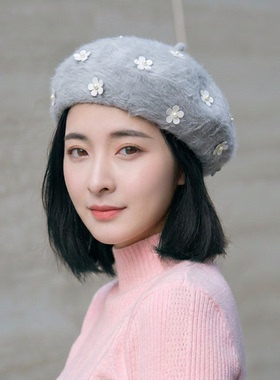 秋冬日系真兔毛绒钉珠贝雷帽女