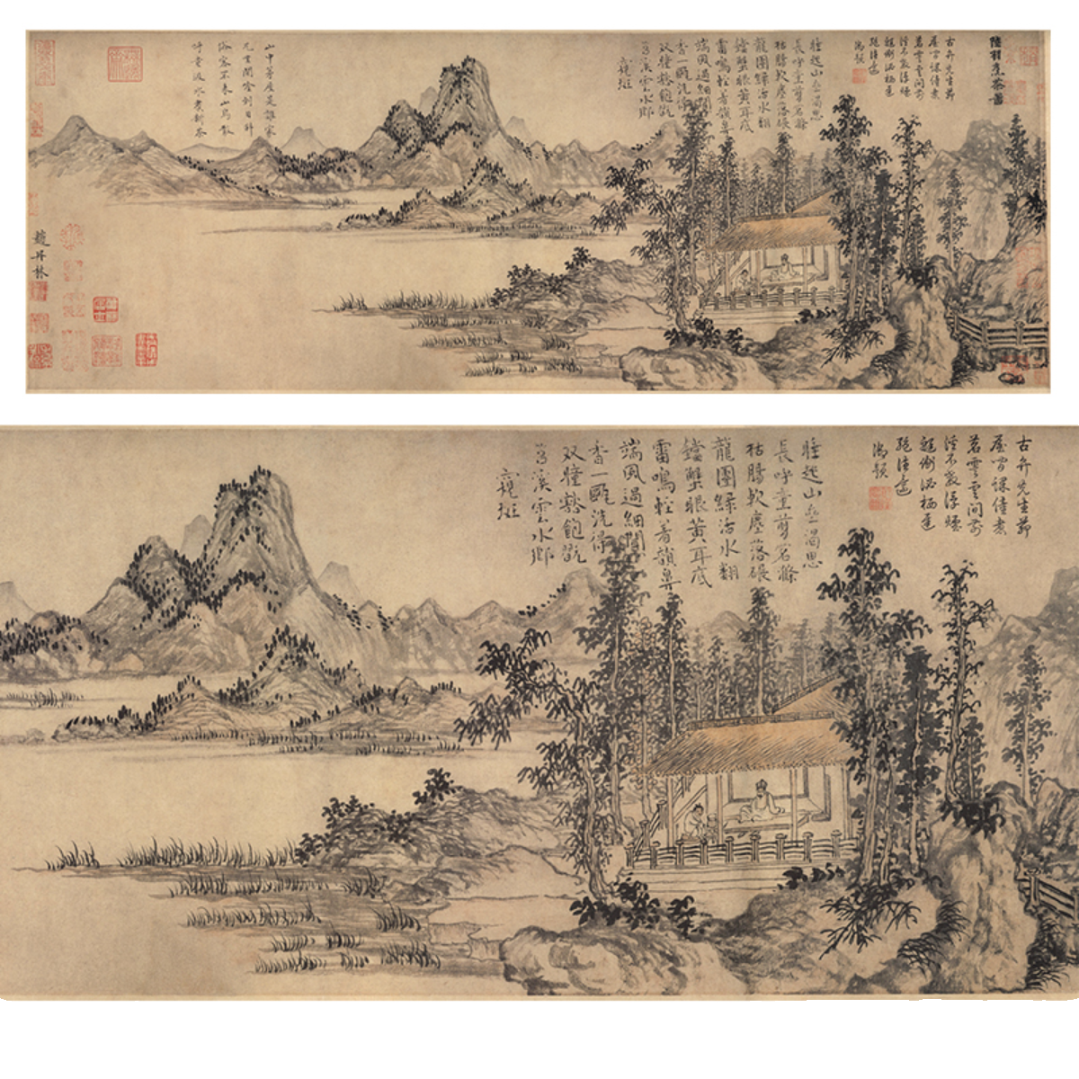 元赵原陆羽烹茶图古代山水画卷轴文人画国画字画复制品仿古画挂画 - 图3