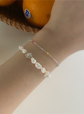 天然巴洛克珍珠小花朵手链弹力