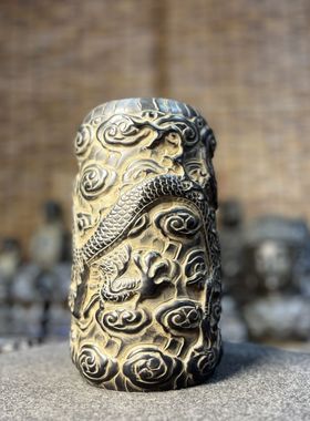 天然青石雕刻盘龙柱家居茶室会所装饰摆件复古新款造景文玩中式