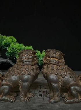 仿古老铁器铁狮子一对古玩杂项收藏老物件 造型精美 品相佳镇宅