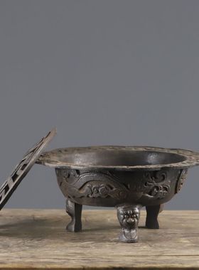 仿古复古怀旧古董古玩老铁器二龙献寿炭火盆煮茶炉家居收藏摆件