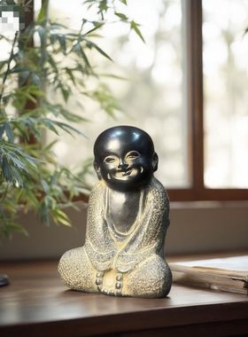 天然青石雕刻小和尚家居茶室会所装饰摆件复古新款造景文玩中式