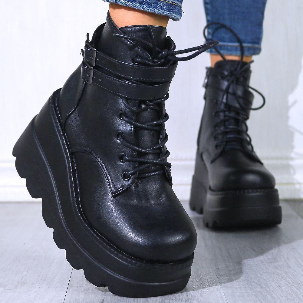 women platform boots wedge shoes女防水台圆头厚底短筒靴女鞋-图3