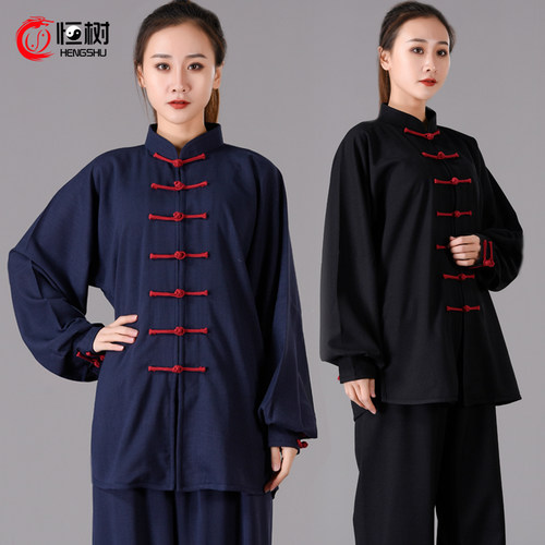 恒树弹力棉麻太极服女春秋中国风功夫太极拳练功服男武术表演服装 - 图0