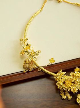 中式新娘纯金色流苏项圈秀禾服项饰福袋长命锁璎珞锁项链首饰现货