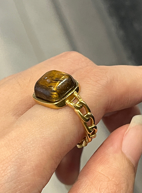 黄水晶猫眼石碧玺适合手粗的戒指女食指戒轻奢小众复古指环高级感