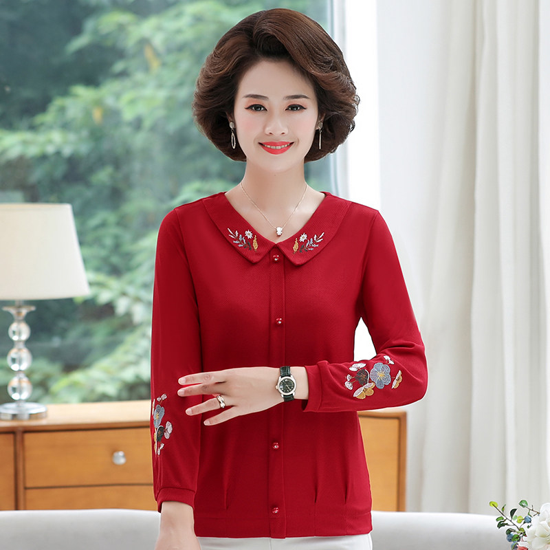 中老年女装长袖t恤衫秋装打底衫 红衣景中老年女装