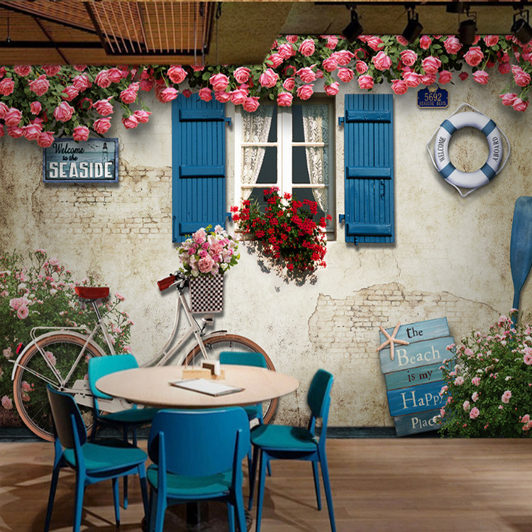 2025立体网红蔷薇壁纸复古咖啡馆背景墙纸欧式餐厅奶茶店酒吧壁画,淘宝优惠券,粉丝福利购,淘宝优惠卷