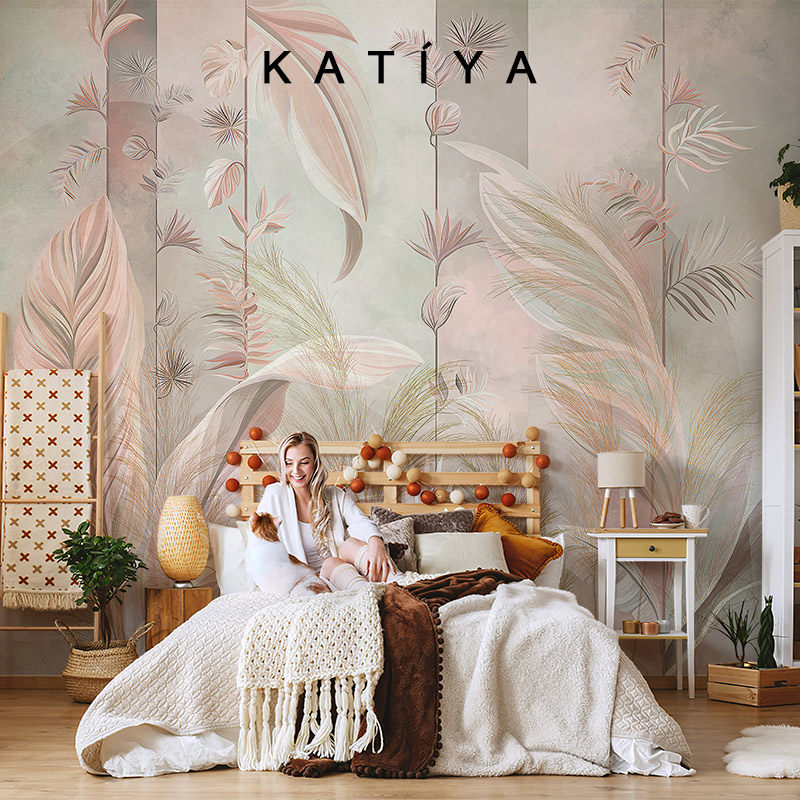 Katiya美式粉色温馨墙布东南亚叶子壁纸装饰电视背景墙餐厅ins风,淘宝优惠券,粉丝福利购,淘宝优惠卷