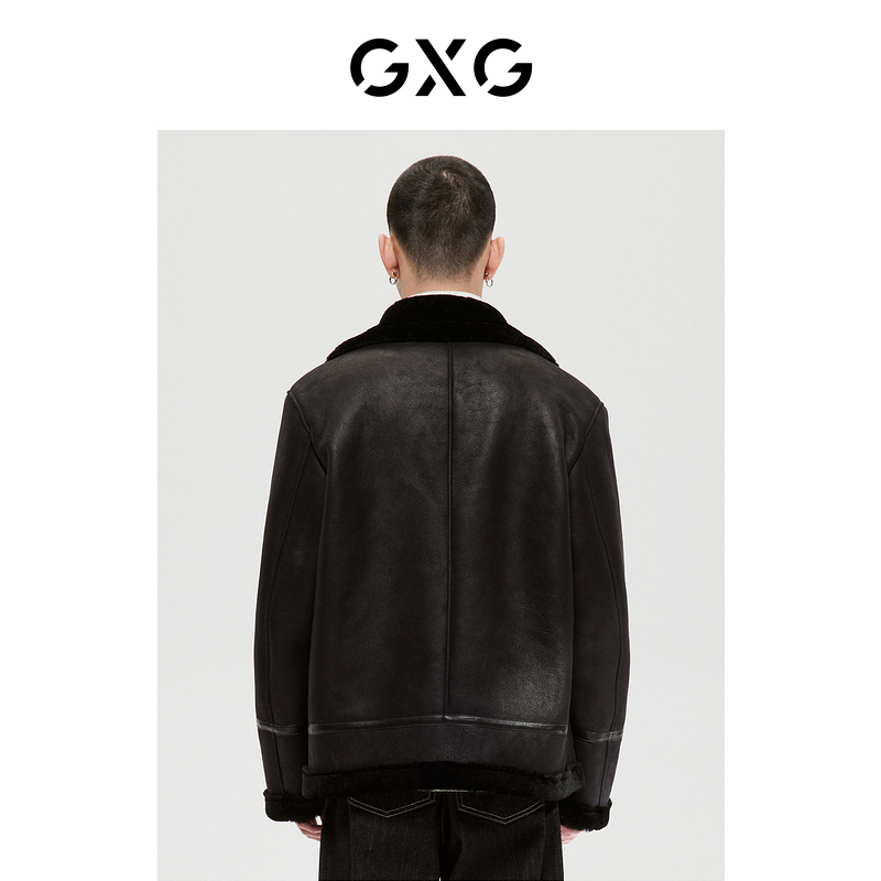 GXG男装 商场同款沉静棕系列黑色皮草夹克皮毛一体 22年冬季新品