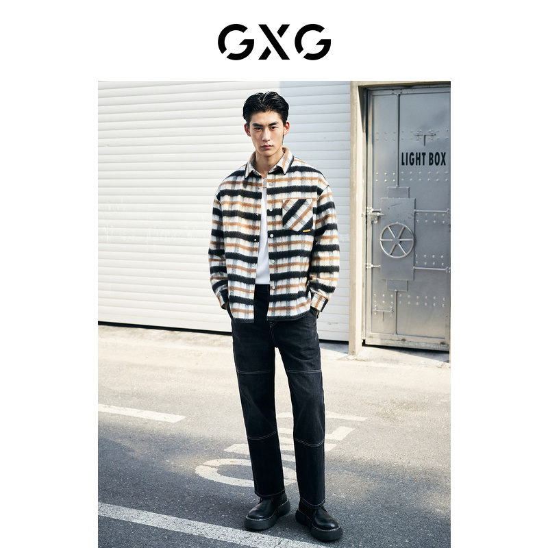 GXG奥莱 22年男装经典格纹短大衣外套含羊毛保暖口袋装饰冬季新品