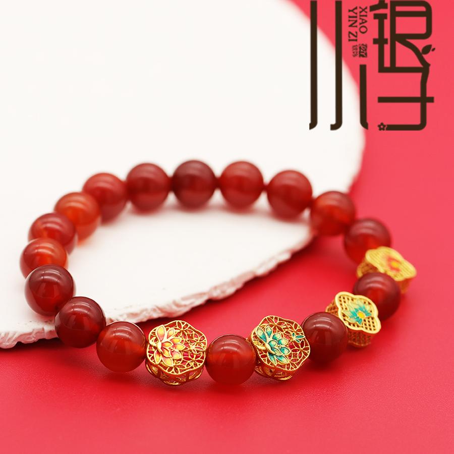 S925纯银隔珠 莲花菱形掐丝花方形背云国风古法银镀金DIY手链配件 - 图3