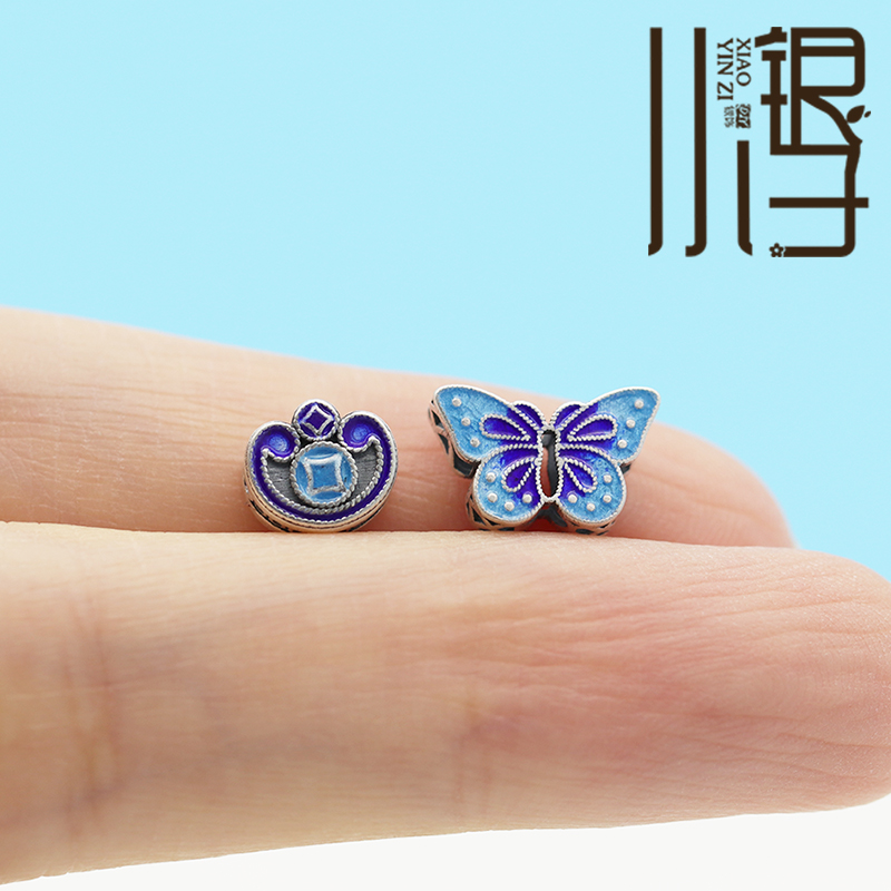 足银隔珠 烧蓝铜钱如意锁竖孔蝴蝶背云扁珠 S999纯银银饰DIY配件 - 图1