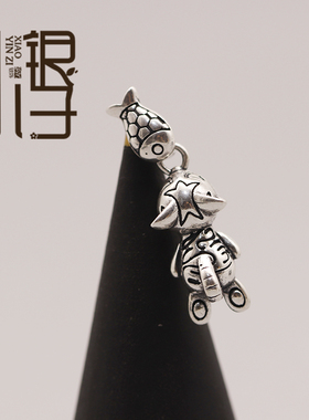 diy猫吃鱼花纹可爱材料银饰吊坠