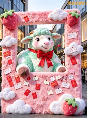 卡通羊驼毛绒拍照框春节美陈摆件