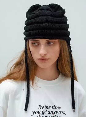 smoothmood韩国设计师耳罩针织帽系带毛线帽子宽松套头帽女
