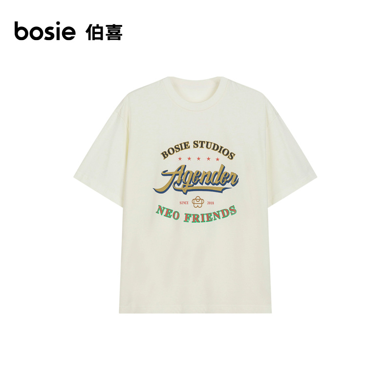 【小花人】bosie2024年夏季新款短袖T恤男情侣美式复古印花体恤潮