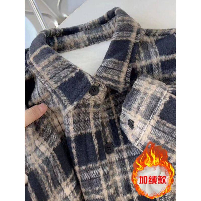 磨毛加绒格子衬衫外套女秋冬港风复古休闲大码宽松中长款保暖衬衣,淘宝优惠券,粉丝福利购,淘宝优惠卷