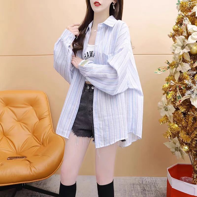 大码宽松百搭防晒衬衫女纯棉夏季新款轻薄款条纹高级感防晒衣外穿 - 图0