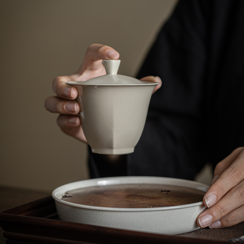 草木祠觅白盖碗功夫茶具陶瓷泡茶碗手抓碗简约二才敬茶碗茶杯白瓷 - 图0