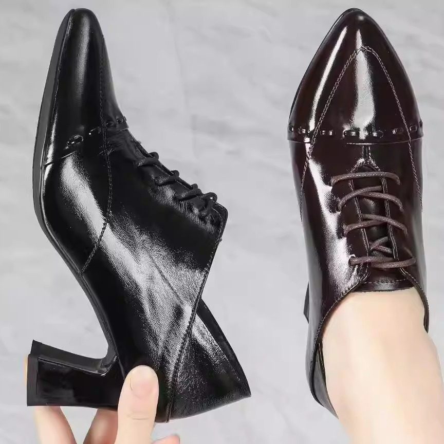 2026春季新款中粗跟小皮鞋女百搭漆皮真皮英伦风系带尖头深口单鞋,淘宝优惠券,粉丝福利购,淘宝优惠卷