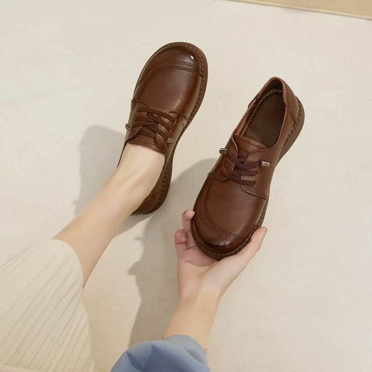 2026春季新款真牛皮百搭平底乐福鞋女一脚蹬鞋子休闲妈妈鞋小皮鞋,淘宝优惠券,粉丝福利购,淘宝优惠卷