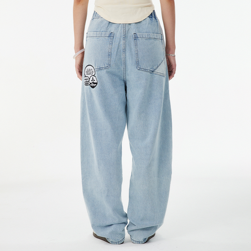 APOGE3阿保机 秋冬斜角水洗直筒牛仔裤男女宽松潮牌百搭阔腿长裤 - 图0