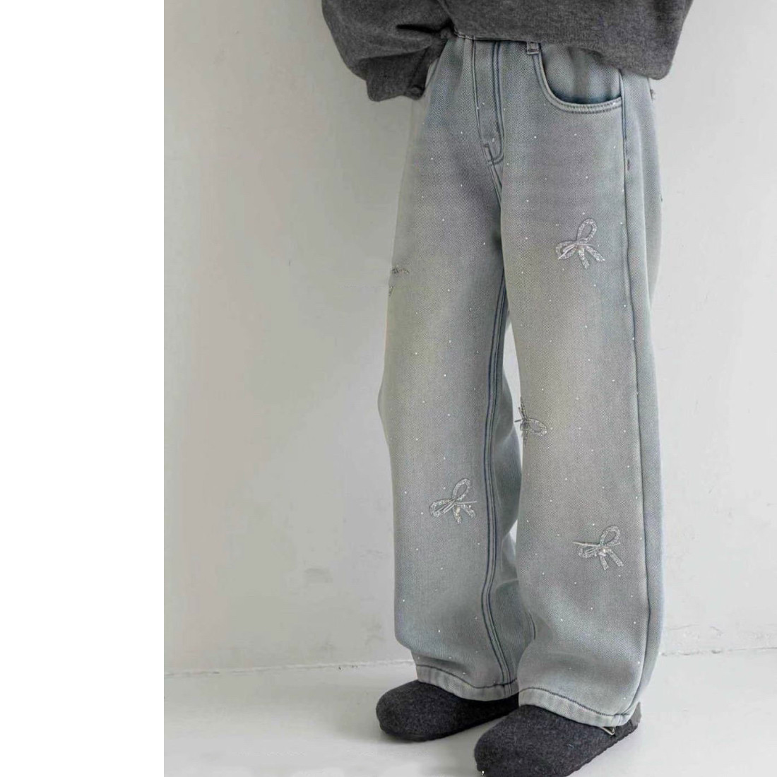 美妞之城 女童直筒牛仔裤加厚一体绒中大童裤子2025冬 闪闪新年款,淘宝优惠券,粉丝福利购,淘宝优惠卷