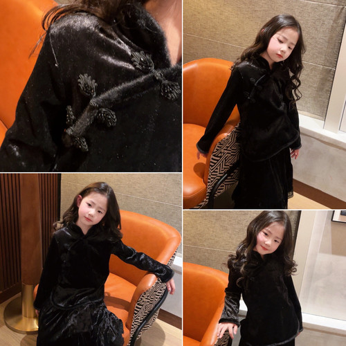 美妞之城女童新年款 潮定 刺绣夹棉国风马甲中式加绒打底衫 裙子 - 图2