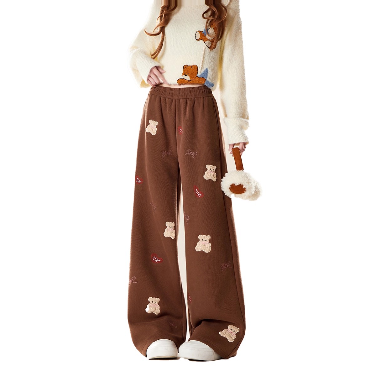 Brown bear embroidered sports casual wide-leg pants with velvet